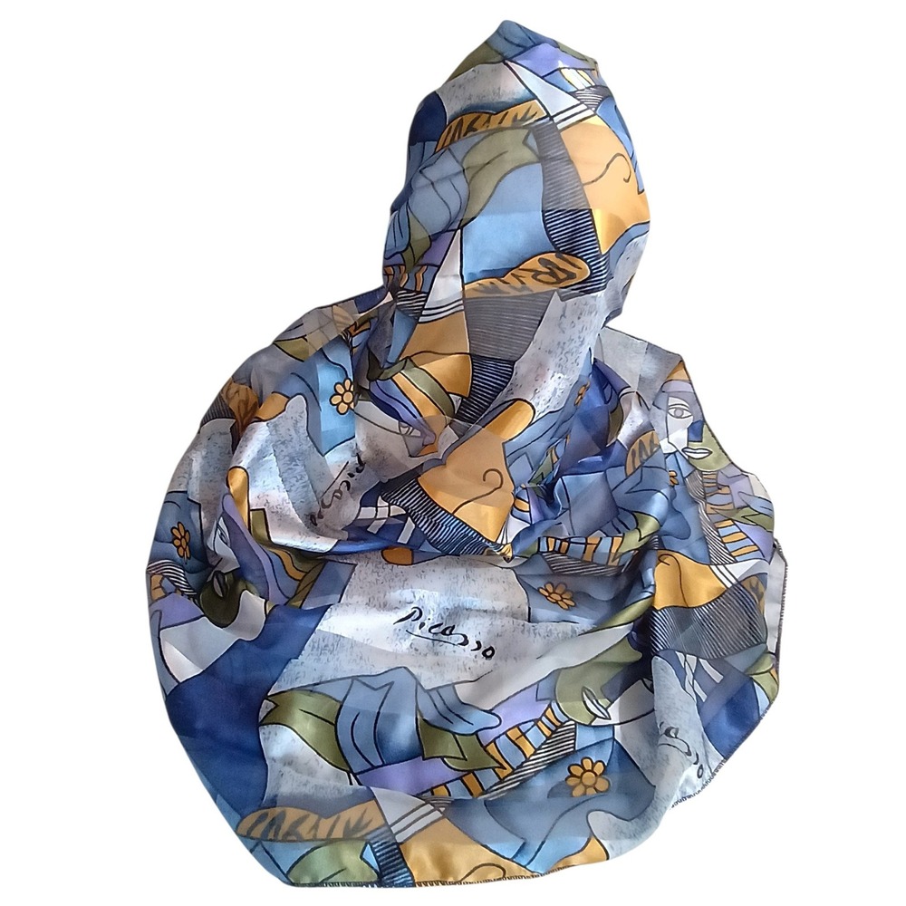 Picasso Tribute Art Print Scarf Blue Gold Cubist Abstract Square Head Wrap 34in